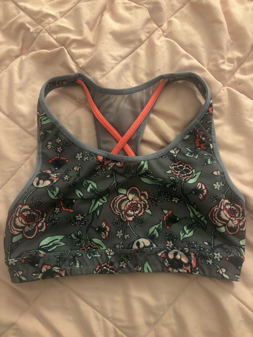 Old Navy Floral Racerback Sports Bra - Gray with Coral Straps
